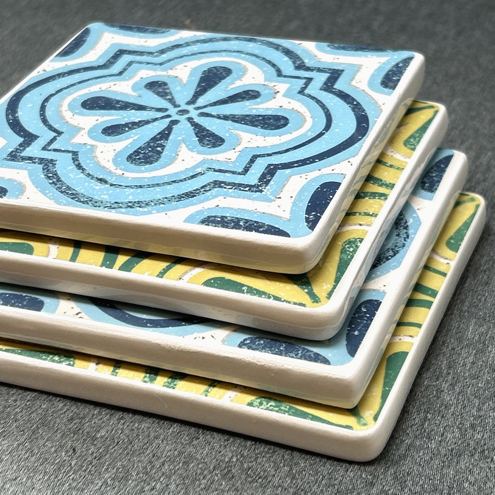 Set of 4 Blue & Green Mediterranean At Home Procurement Drink Coasters Mandala